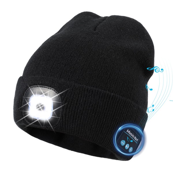 TAGVO LED Hat Cap Bluetooth 5.0 Hat, Integrated Stereo Speaker & Microphone, Winter Warm Knitted Lighting Wireless Bluetooth Headset Music Hat for Running Hiking Men Women, black
