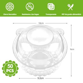 50 Vasos con Domo Individual Cajas Para Cupcakes Postres con Tapa Contenedores para Llevar con Bisagras de Plástico Transparente para Flan Reposteria Pasteles Galletas Muffins (50)