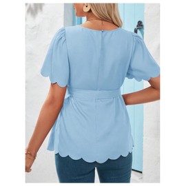 MakeMeChic Women's Maternity Blouse Short Sleeve Crew Neck Scallop Trim Belted Pregnancy Tops Blue Medium