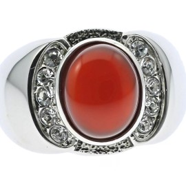 jkc Red Agate Ruby Simulated Stone Cz Accented Stainless Steel Mens Ring Size 10 T23