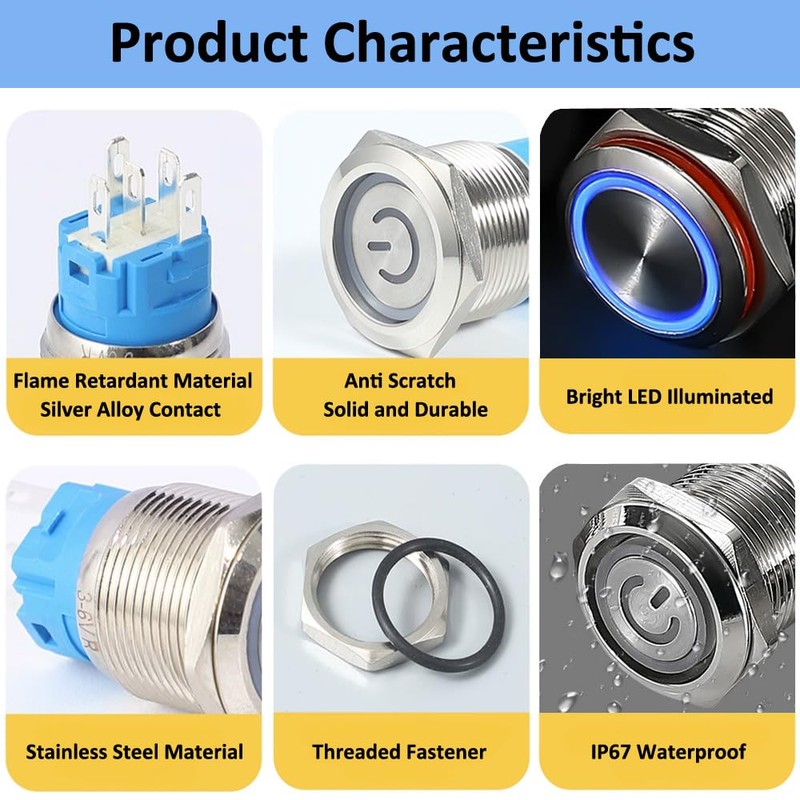 ETOPARS Stainless Steel 19 mm Momentary Rocker Switch 12 V