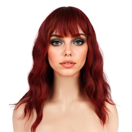 Wine Red Wig With Bangs for Women Loose Wavy Bob Wigs Shoulder Length Colorful Hair Heat Resistant Synthetic Wigs for Daily Cosplay Party Use (Wine Red)
