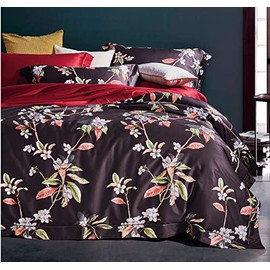 Eikei Vintage Botanical Flower Print Bedding 400tc Cotton Sateen Romantic Floral Scarf Duvet Cover 3pc Set Colorful Antique Drawing of Summer Lilies Daisy Blossoms (Fig, Queen)
