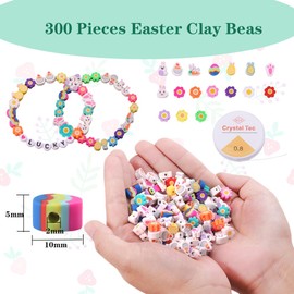 HSONAIGEE Easter Polymer Clay Beads for Bracelets, 300 Pieces Easter Beads Assorted Bunny Chick Egg Flower Shapes Beads Necklace Jewelry Making DIY Crafts