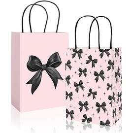 JarThenaAMCS 24Pcs Black Bow Paper Bags Cute Bow Knot Treat Bags with Handles Pink Candy Goodie Bags Grocery Shopping Bags for Coquette Birthday Party Favors Supplies