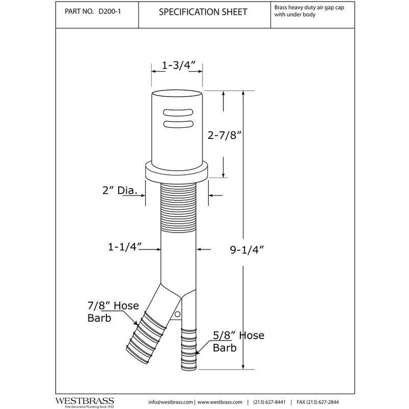 Westbrass Air Gap Kit with Skirted Brass Cap, Polished Brass,