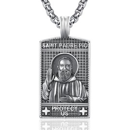 QCFL St Saint Padre Pio Medal Necklace For Men Sterling Silver Saint St Padre Pio Medal Dog Tag Pendant Religious Pendant Christmas Birthday Necklace Gift for Men Husband Soldier Brother