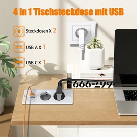 TANXIS Tischplatte Versenkbare Steckdose mit 1 USB und 1 Type-C, Einbausteckdose Steckdosenleiste mit 2m Kabel, Tischsteckdose Doppelstecker f1r Tischplatte oder Arbeitsfl?chen - Wei?