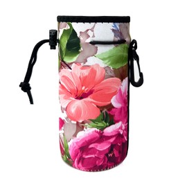 AMMKRO Water Bottle Bag Carrier, Water Bottle Neoprene Sleeve Portable Insulator Bottle Cover Drawstring Insulator for 18 Oz 20 Oz Water Bottle (Peony)