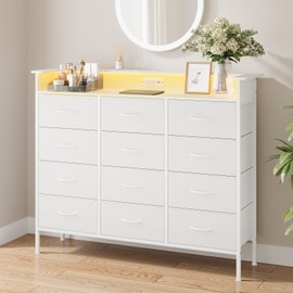 ELYKEN White LED Dresser for Bedroom, 50‘’W Dresser with 12 Drawers and Charging Station, Fabric Chest of Drawers with PU Finish Storage Drawers for Entryway Closet Living Room Hallway