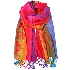 Colorful Elephant Peacock Feather Pashmina Scarf Shawl Wrap (Red Peacock)