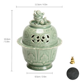 Zen-Style Incense Burner (Celadon), Ceramic Incense Holder Featuring a Lion Sculpture, Adorned with Cloud Patterns and a Buddha Light Decoration, Elegant Chinese Incense Burner for Home Décor (Green)