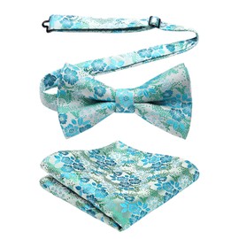 HISDERN Bow Ties for Men Aqua Blue Bow Tie Pre-tied Floral Jacquard Woven Handkerchief Bowtie Pocket Square Set Classic Wedding Party Prom