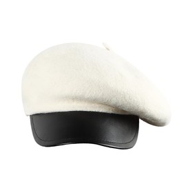 MINAKOLIFE Women PU Visor French Wool Beret Hats - Solid Color Classic Beanie Winter Cap White