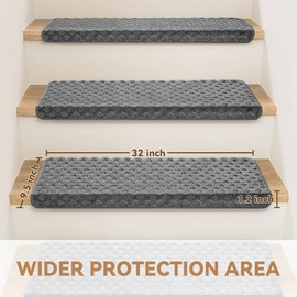 Bullnose Stair Treads Non Slip 9.5" x 32", 7 Pcs Carpet Stair Treads for Wooden Steps Indoor with Edge Protection, Reusable Peel and Stick TPU Backing Stair Runner Rugs - Lattice Pattern Grey