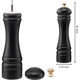 Salt and Pepper Grinders Set, Beech Wood Manual Pepper Mill & Salt Grinder with Adjustable Ceramic Rotor & Stainless Steel knob, Black Salt Refillable & Pepper Shakers Kitchen-8" 2PCS