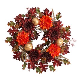 Nearly Natural 24in. Fall Dahlia, Golden Apple, Oak Leaf and Berries Autumn Artificial Wreath