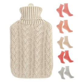 2L Hot Water Bottle with Cover UK & 5 Pairs of Warm Comfy Wool Socks - Natural Rubber 2 Litre Hot Water Bottle Inc x5 Pairs Ladies Winter Socks Size UK 4-7 (Cream Bottle with Cream Cover) (0059)