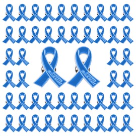 WANDIC 50 Pcs Blue Ribbon Metal Pins, Memorial Ribbon Alloy Brooches in Forever in Our Hearts for Funeral Mourning Event Bereavement Remembrance