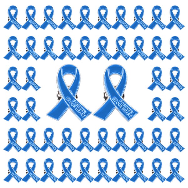 WANDIC 50 Pcs Blue Ribbon Metal Pins, Memorial Ribbon Alloy