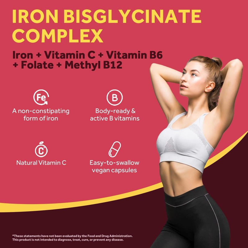Doctor's Recipes Iron Supplement, Iron Bisglycinate with Vitamin C, B6,
