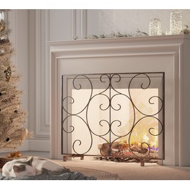 Kingson Single Panel Decorative Flat Fireplace Screen Cover Handcrafted Durable Metal Mesh, Heat-Resistant Free Standing Fireplace Spark Guard Mesh 37.8" L x 8.8" W x 30.7" H Brushed Copper