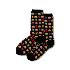 Hot Sox Women's Fun Food Crew Socks-1 Pair Pack-Cool & Cute Pop Culture Novelty Gifts, Hamburger, Fries and Drink (Black), Shoe Size: 4-10