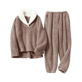 Muchpow Warm Pajamas For Women Fuzzy Pajama Sets Cozy Fleece Oversized Pullover Pants Sets Loungewear 2 Piece Pjs (Khaki,Small)