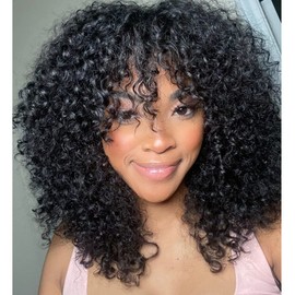 YOUNG BEAUTY Curly Human Hair Wig With Bangs 100% Brazilian Human Hair Curly Wigs O Scalp Top Full Machine Made Wig for Black Women Loose Curly Wigs 180Density 22inch Natural Color