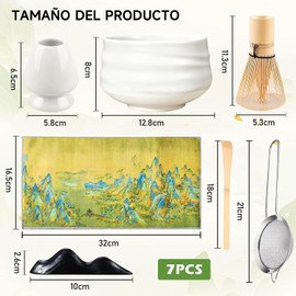 SADOWAY Kit de Matcha: 7 Piezas Kit de Matcha para Batidor - Juego Con Batidor, Tazón de Cerámica Hecho a Mano, Soporte, Cuchara (Blanco) – Ideal para Principiantes, Amantes del Té y Regalo