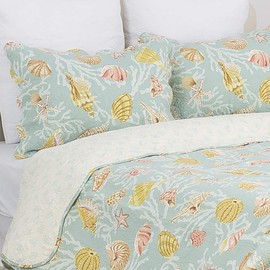 C&F Home St. Martin Blue Beach Coastal Shell Coral Star Fish Beach Shell Ocean Full Queen 3 Piece Cotton Cover Quilt Sham Set Full/Queen 3 Piece Set Blue