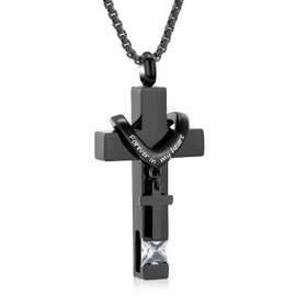 Black Cross Urn Necklace For Ashes Of Loved Ones With Birthstone Always In My Heart Cremation Jewelry Keepsake Pendant Women Men(Clear Stone)