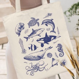 Andeiltech Canvas Tote Bag Aesthetic for Women Cute Sea Life Canvas Totes Gift with Zipper Pocket Reusable Grocery Bags for Beach Shopping Bag