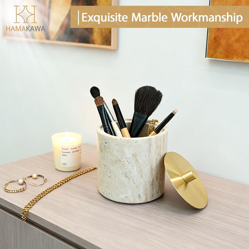 HAMAKAWA Nartural Marble Qtip Holder with Brass Lid, Beige Travertine