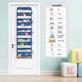 Clastyle Blue Marine Animals Kids Over the Door Organizer with 5 Large Pockets Sharks Nursery Hanging Storage Organizer Clothes Diaper Toy Closet Door Hanging Shelf Storage for Bedroom Bathroom Pantry