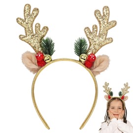 KINYFY Christmas Reindeer Antlers Headband, Glitter Elk Antlers Headbands Christmas Costume Party Accessories for Women and Girls(Gold)