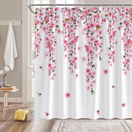 Cherry Blossom Shower Curtain Pink Flower Floral Weeping Vine Nature Spring Bathroom Home Curtain with Hooks,70" Wx70 H