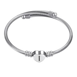 MiiFort Women's Initial Name Silver Cuff Bangle Letter I Bracelet Love Heart Point Style Stainless Steel Family Sister Daughter Granddaughter Birthday