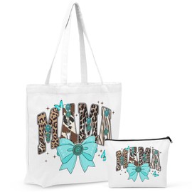 Retro Leopard Bow Gifts for Mama Canvas Tote Bag Makeup Bag Set, Mama Gift, Mom Gifts for Women New Mom Mommy Birthday Anniversary Mothers Day Christmas Reusable Grocery Bags Travel Cosmetic Bags