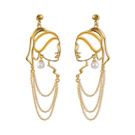 TIANHONGYAN Unique Abstract Face Art Long Drop Dangle Earrings Dainty Hollow Gold Vintage Face Geometric Dangle Earrings Statement Jewelry for Women (gold)