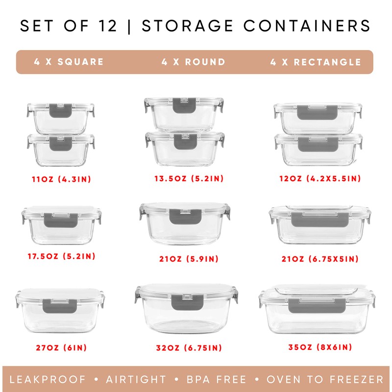 JoyJolt 24pc Borosilicate Glass Storage Containers with Lids | 12