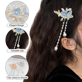 2Pcs Flower Tassel Pearl Hair Clips - Chinese Vintage Style Barrettes Women, Thick Thin Hair, for Daily Wear and Stage Performances