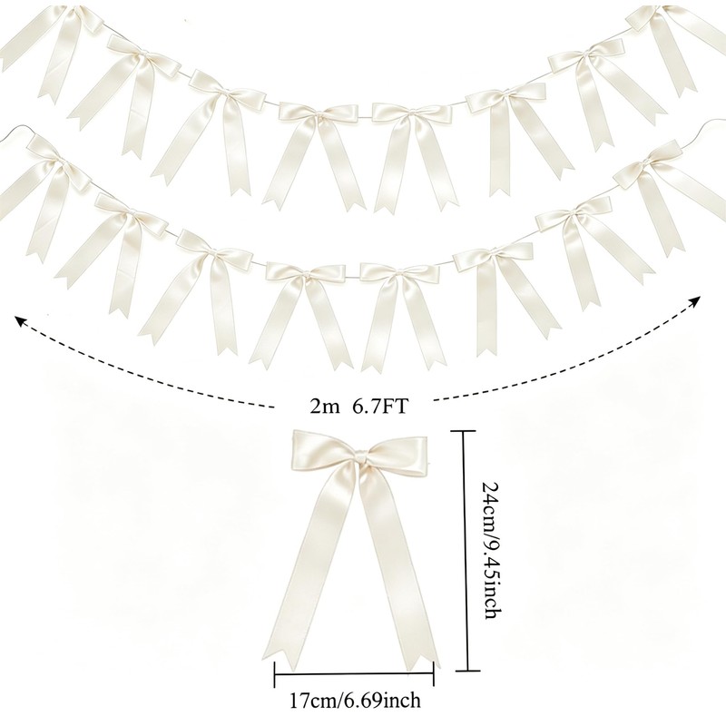 2Strings 16Pcs Ivory White Bow Garland Banner Pre-Strung Satin Ribbon