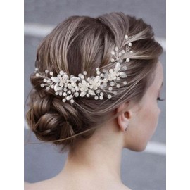 Heread Flower Bride Wedding Hair Vine Silver Pearl Bridal Headpiece Rhinestones Headband Hair Accessories for Women and Girls