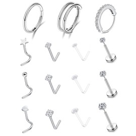 15Pcs Nose Rings Studs Set: 18G Gold Silver Nose Rings Hoops Helix Conch Nostril Cartilage 20G Corkscrew/L Shape Nose Studs, Threadless Labret, Clear Plastic Surgery Retainers, 316L Surgical Steel Hypoallergenic Body Jewelry for Women Men
