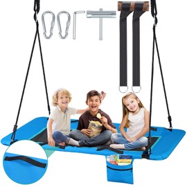 900D Oxford Anti-Sagging 60’’ Platform Tree Swing with Handles & Zipper Pocket, 800lbs Outdoor Rectangle Flying Swing for Kids Adults with Adjustable Multi-Strand Ropes, Hanging Straps