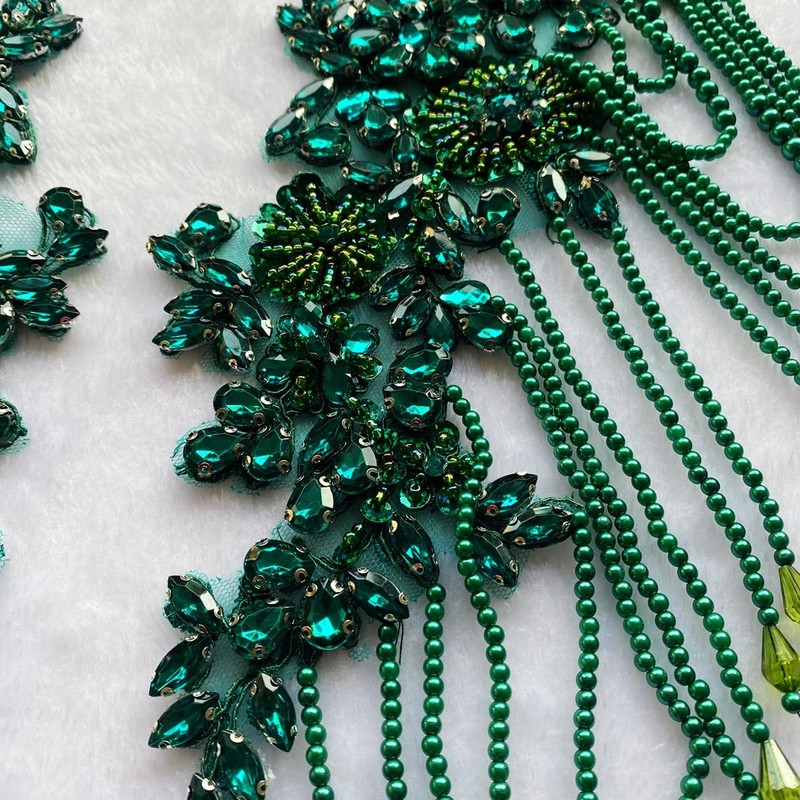 Pair Beaded Rhinestones Tassel Applique Embellishment for Clothes,Pure Handsewing Crystal