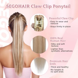 SEGOHAIR Human Hair Claw Clip Ponytail Extension 100% Real Human Hair Clip-In Extensions for Women Long Straight Pony Tails 14 Inches 105g #18P613 Light Blonde mixed Bleach Blonde