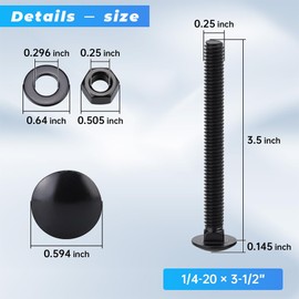 Glvaner (10 Sets) 1/4-20 x 3-1/2" Stainless Steel Carriage Bolts Screws Black and Hex Nuts & Flat Washers Black, Round Head Square Neck, 304 Stainless Steel 18-8, Full Thread Coverage