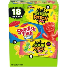 SOUR PATCH KIDS and SWEDISH FISH Mini Soft & Chewy Candy Variety Pack, 18-2 oz Bags